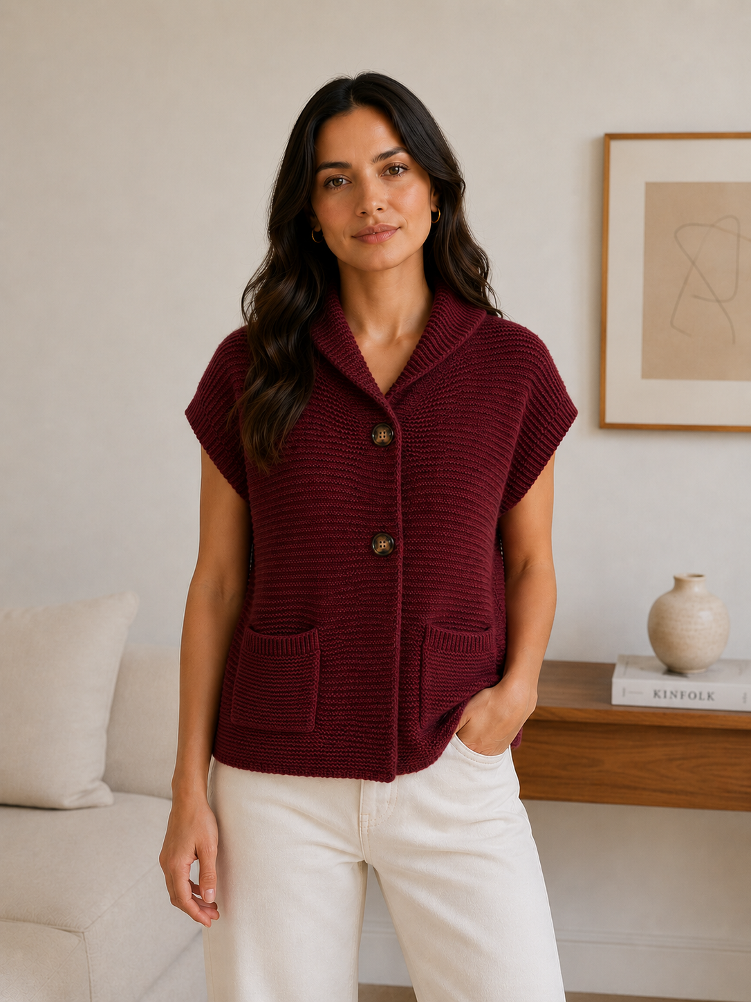 Cardigan Tejido Burdeo 2 Botones - Imagen 2