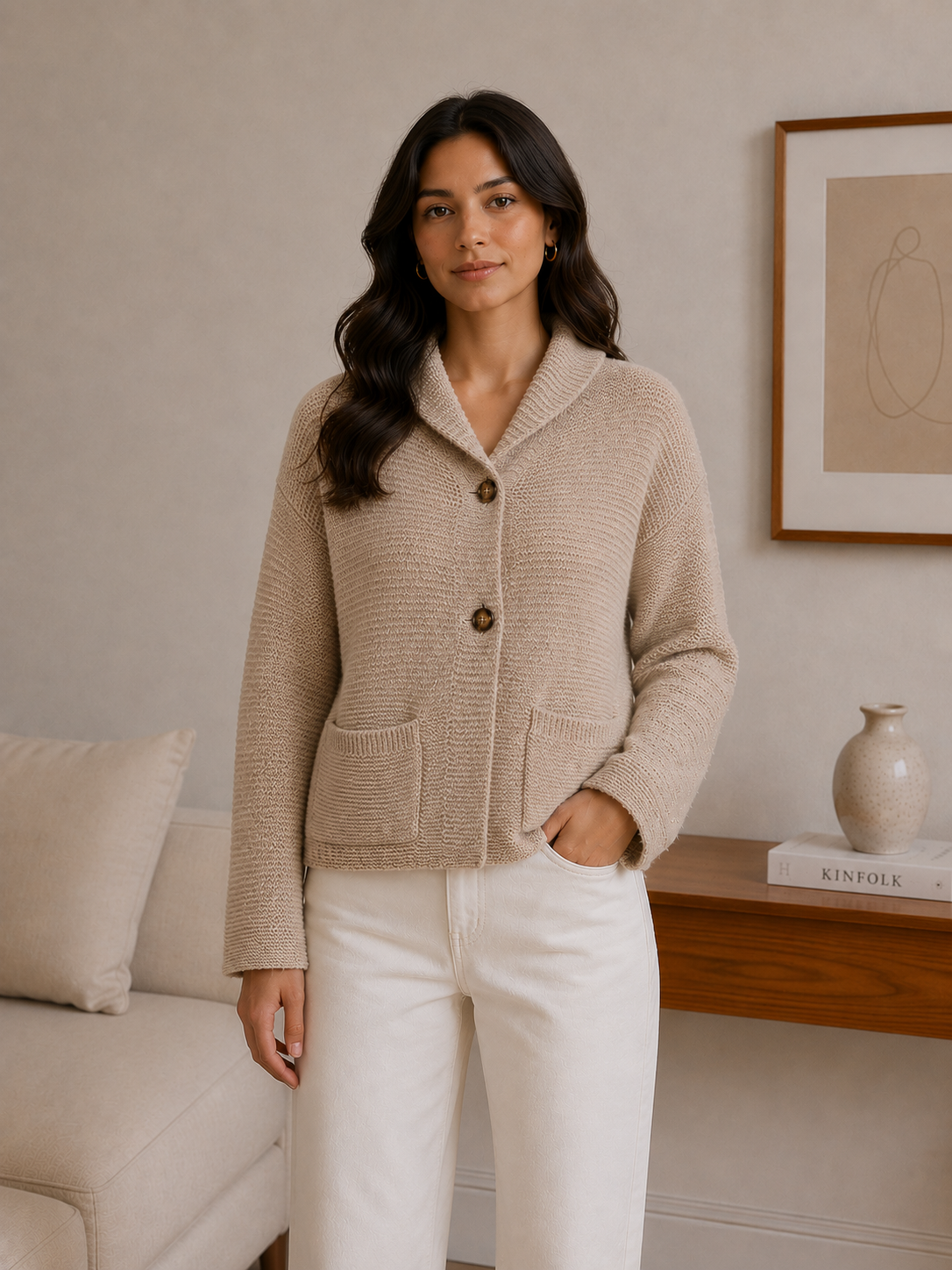 Cardigan Tejido Beige 2 Botones - Imagen 2